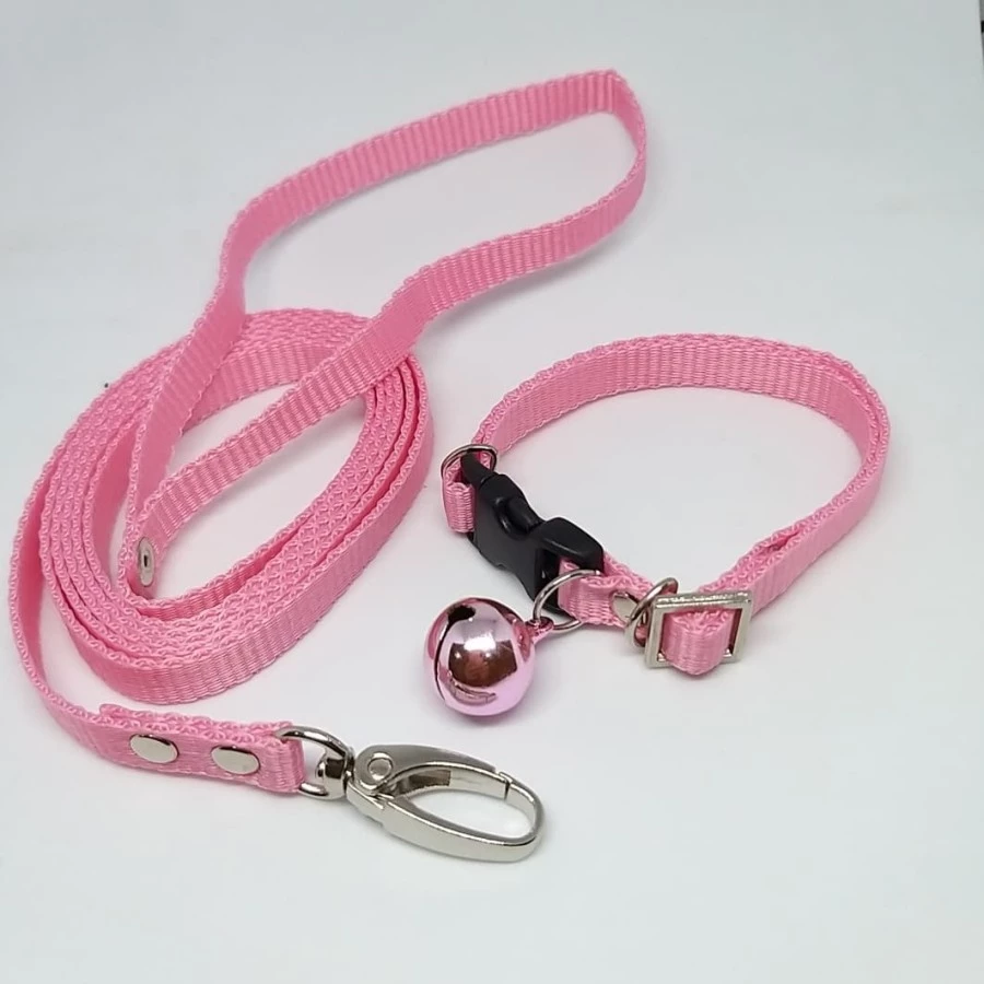 COLLAR / KALUNG KERINCING BEL+ LEASH MERAH MUDA LEBAR 1CM