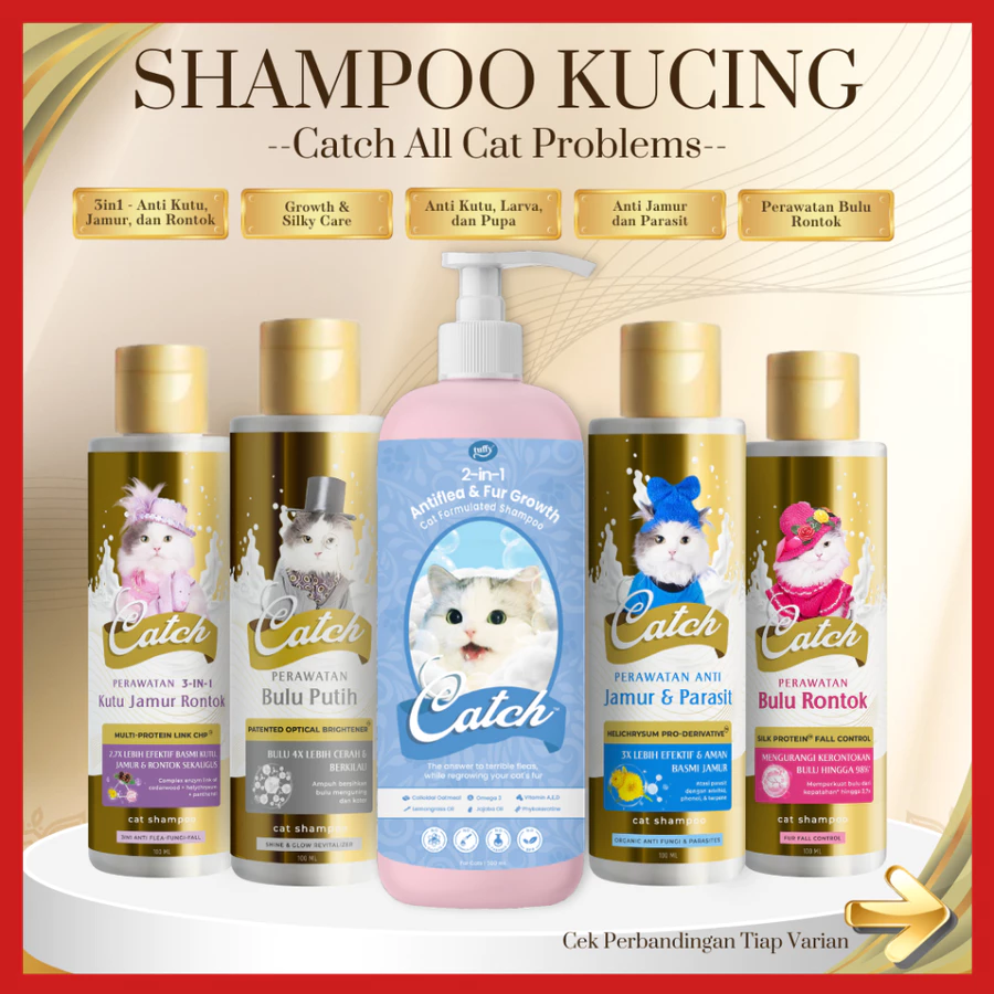 Catch - Shampoo Kucing Anti Kutu , Anti Rontok , Anti Jamur , Solusi 3-in1, dan Bulu Putih